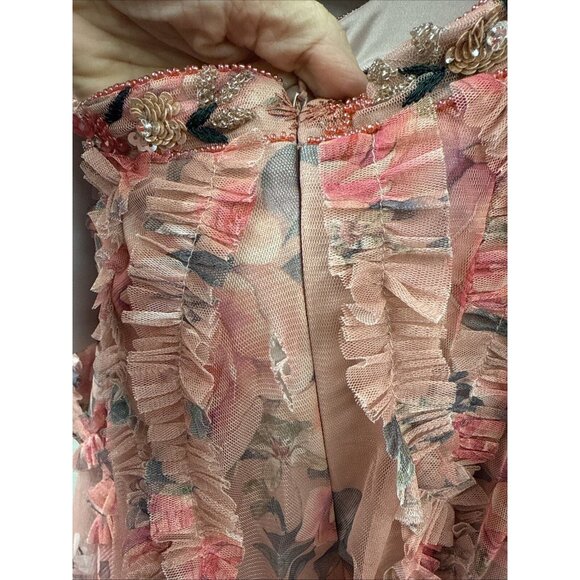 Mac Duggal Side 4 Pink Floral A9151 Long Sleeve V Neck Cut Out Mesh Mini Dress - Picture 10 of 11